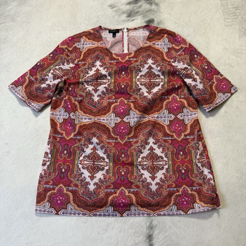 Talbots Top Womens Size 10 Red Paisley Print Short Sleeve Colorful Scoop Neck